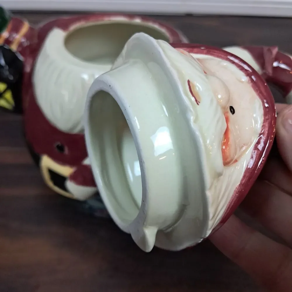 Vintage Christmas Santa Teapot Candy Cane Handle Ceramic Holiday Tea Pot Lantern